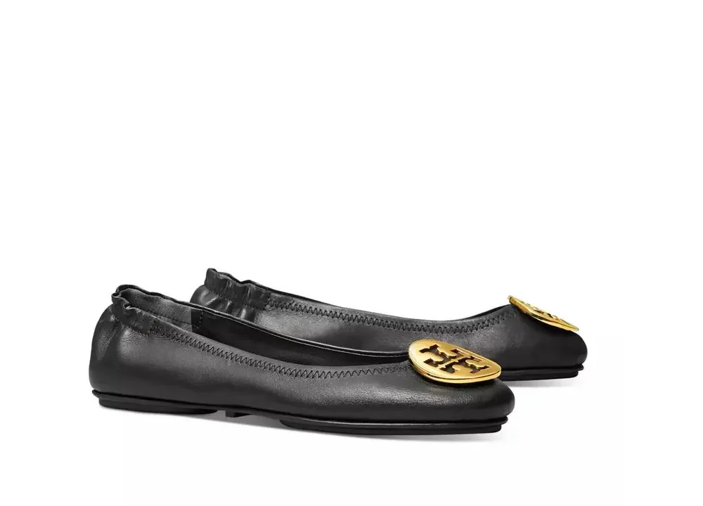 Tory Burch Women's Minnie Travel Ballet Flats in Black Gold Hardware Size 7.5